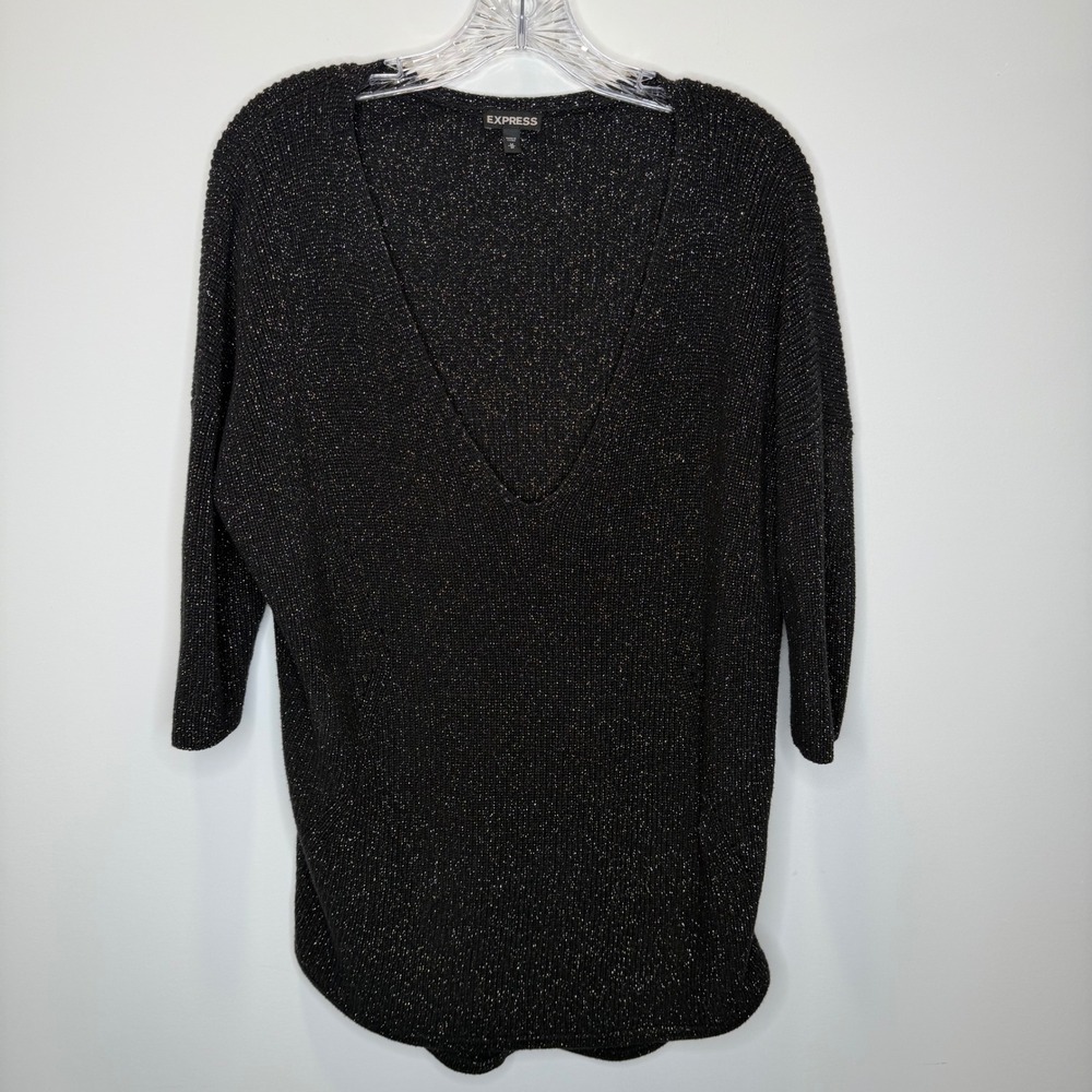 Express Black Sparkle Knit V-Neck Sweater 3/4 Sleeve Womens Medium Holiday Party